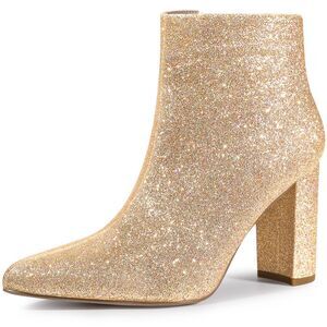 Glitter Pointed Toe Chunky Heel Sparkly Booties Gold Ankle Boots